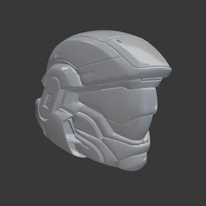 May include: A light gray, futuristic-style helmet with a visor and detailed paneling. The helmet has a smooth, matte finish and is designed with angular shapes and a prominent brow. The overall design suggests a sci-fi or cosplay theme.