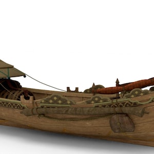 Puede incluir: Un barco de madera con una proa puntiaguda que tiene una pequeña campana colgante, una barandilla decorativa con patrones recortados y una estructura de techo cónica en la popa. La embarcación incluye un poste marrón texturizado y una tela rojiza.