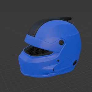 May include: A blue and black racing helmet with a visor. The helmet has a sleek design with a black top and a blue body. The visor is open, revealing a dark interior. The helmet is designed for speed and protection.