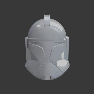 Puede incluir: Un casco gris brillante con un diseño distintivo, con una parte superior redondeada y una visera angular. El casco tiene un detalle rectangular elevado en la parte superior y una superficie lisa y reflectante. La forma general sugiere una estética futurista o militar.
