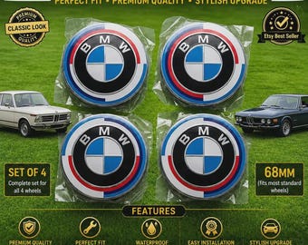 BMW M Style Wheel Center Caps Set of 4 Gloss Tricolor Emblem Covers