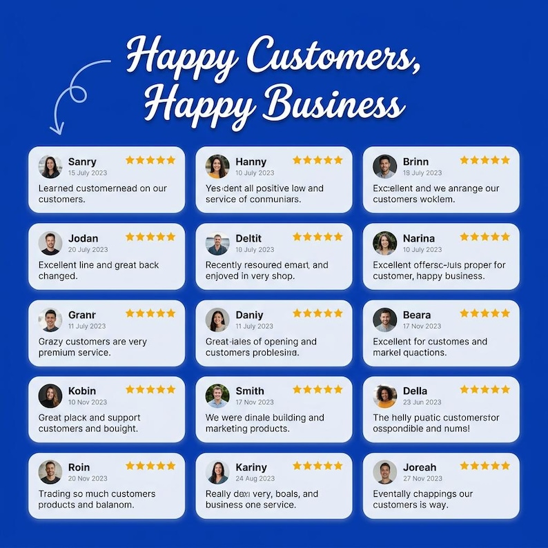 K&ouml;nnte beinhalten: Eine blaue Grafik mit der &Uuml;berschrift Happy Customers, Happy Business, die f&uuml;nfzehn einzelne wei&szlig;e, rechteckige Bewertungskarten zeigt. Jede Karte enth&auml;lt ein rundes Profilfoto, einen Namen, ein Datum, eine F&uuml;nf-Sterne-Bewertung und einen kurzen Text.