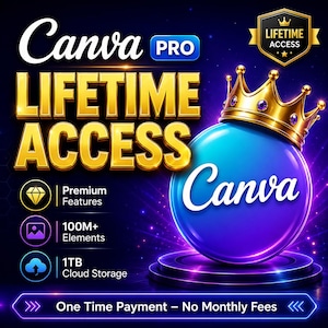 May include: A digital graphic promoting Canva Pro lifetime access. The image features a large blue sphere wearing a gold crown, with the text Canva Pro, Lifetime Access, Premium Features, 100M+ Elements, 1TB Cloud Storage, and One Time Payment.