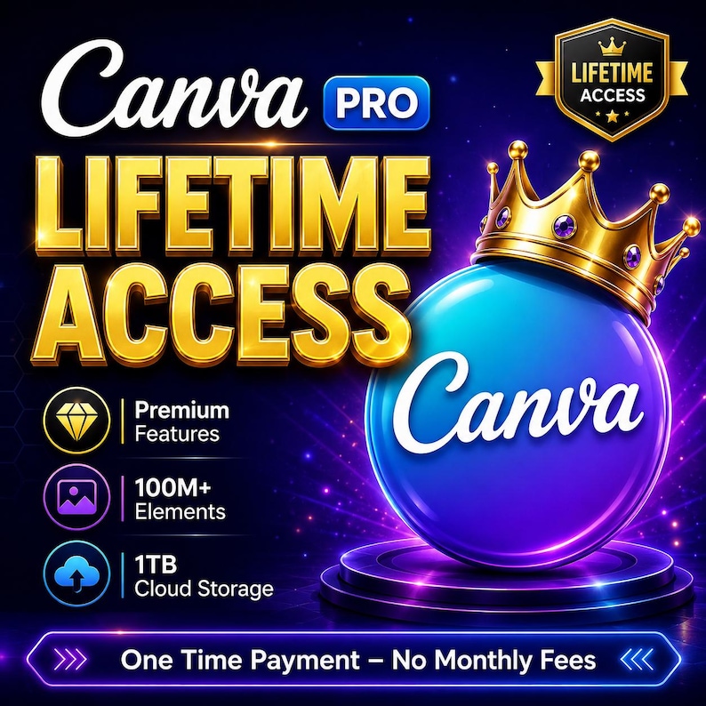 May include: A digital graphic promoting Canva Pro lifetime access. The image features a large blue sphere wearing a gold crown, with the text Canva Pro, Lifetime Access, Premium Features, 100M+ Elements, 1TB Cloud Storage, and One Time Payment.