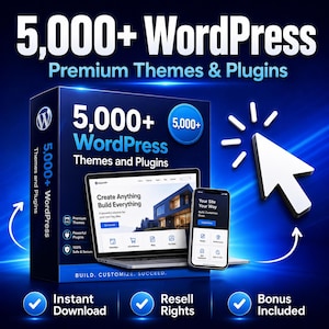 May include: A digital product box labeled 5,000+ WordPress Themes and Plugins, featuring a laptop and smartphone displaying website interfaces. A white mouse cursor points toward the box, with text stating Instant Download and Resell Rights.
