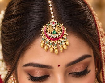 Joyería nupcial Kundan Maang Tikka / Tikka de boda india con rubíes y perlas / Joyería tradicional de oro para la frente / Accesorios para el cabello de novia