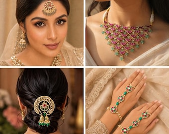 Set di collana girocollo, Hathphool, Maang Tikka e accessorio per capelli Kundan fatti a mano / Gioielli da sposa indiani / Regalo per donna