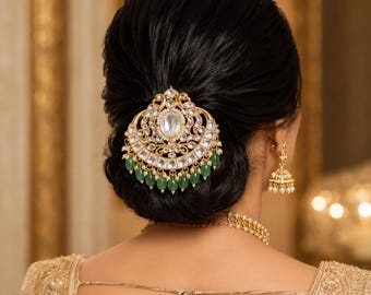 Gold Kundan Pearl and Green Bead Bridal Hair Pin | Traditional Juda Hair Accessory | Ethnic Hair Brooch
