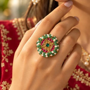 Green Beaded Kundan Statement Ring Adjustable Indian Ring Pearl Ruby Gold Ring Bridal Jewelry Traditional Ethnic Ring, Wedding Gift