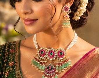 18K Gold Polish Kundan Bridal Choker Necklace Set with Jhumka Earrings