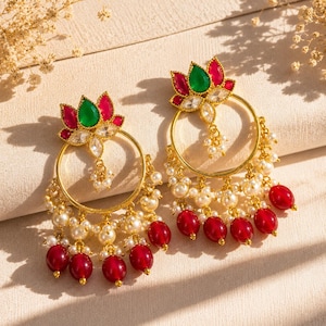 Lotus Earrings | Ruby Pearl Kundan Chandbali Earrings | Drop Earrings | Handmade Earrings | Hypoallergenic Earrings