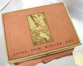 Art Deco Pink Gold Tin Litho Cutex Box Benito Flapper Girl Five Minute Manicure Set 1920-30's