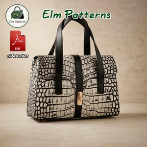 May include: A handbag with a white and black crocodile skin texture pattern, featuring black leather handles, a central vertical black strap, and a gold-tone metal turn-lock closure. The text Elm Patterns, PDF, and A4 & Letter are visible.