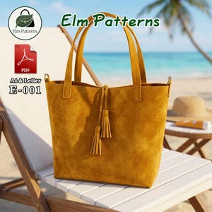 Op de afbeelding: Een mosterdgele tote bag met twee handvatten en twee hangende kwastjes aan de voorzijde. De tekst Elm Patterns, PDF, A4 & Letter en E-001 is zichtbaar in de linkerbovenhoek. De tas heeft een gestructureerd oppervlak en een vaste vorm.