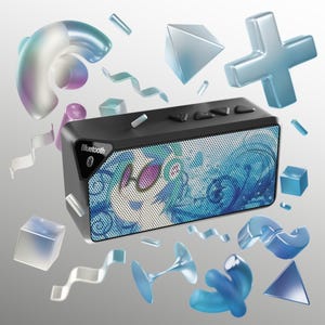 May include: A rectangular black Bluetooth speaker featuring a front mesh grille with a blue and white graphic illustration of a character wearing glasses. The top panel includes black control buttons, and the device is surrounded by floating 3D shapes.