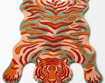 Tibetan Tiger Rug, Funky Animal Floor Rug, Orange and Green Tiger Motif Carpet, Bohemian Eclectic Decor, Hand Tufted Accent Rug