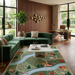 May include: A rectangular area rug featuring a whimsical landscape design with a winding light blue river, green fields, small houses, evergreen trees, and various animals including foxes, rabbits, and ducks, all rendered in a textured, tufted style.