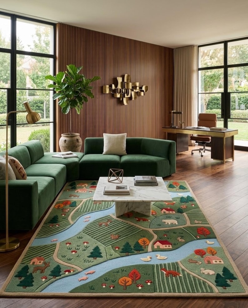 May include: A rectangular area rug featuring a whimsical landscape design with a winding light blue river, green fields, small houses, evergreen trees, and various animals including foxes, rabbits, and ducks, all rendered in a textured, tufted style.