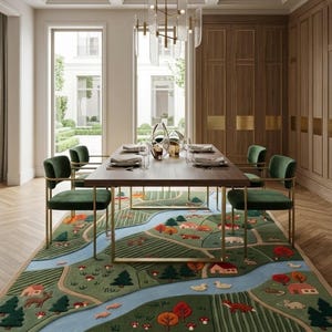 May include: A rectangular area rug featuring a detailed landscape design with a winding blue river, green fields, dark green pine trees, orange and red autumn trees, small houses, and various animals including foxes, deer, and ducks.