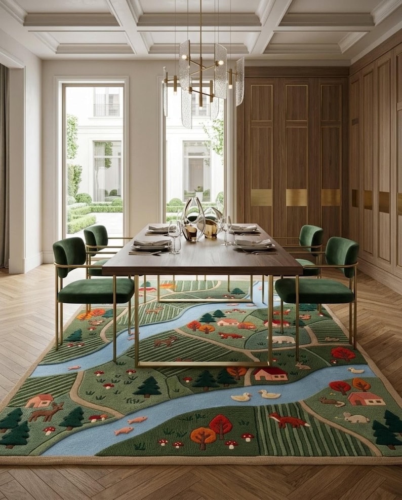 May include: A rectangular area rug featuring a detailed landscape design with a winding blue river, green fields, dark green pine trees, orange and red autumn trees, small houses, and various animals including foxes, deer, and ducks.