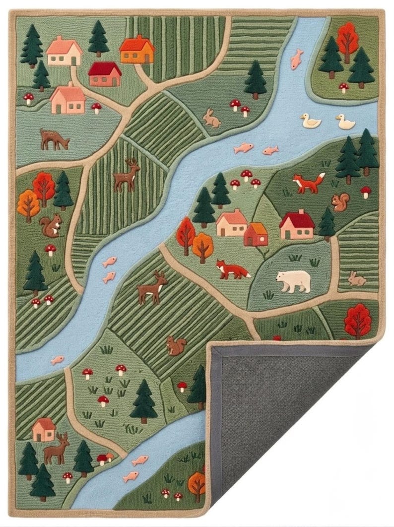 May include: A rectangular tufted rug featuring a detailed landscape map with a winding blue river, green fields, and paths. The design includes small houses, evergreen trees, orange-leafed trees, mushrooms, and various animals like deer, foxes, and rabbits.