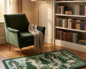 May include: A rectangular area rug featuring a forest landscape in shades of green and cream. The design includes raised, tufted motifs of evergreen trees, deciduous trees, a winding river, a deer, and a bear, all set against a textured background.