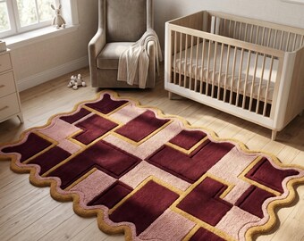 Sculptural Wavy Rug, Pink and Burgundy Geometric Area Rug, Modern Eclectic Living Room Carpet, Custom Hand Tufted Accent Rug, Wavy Carpet