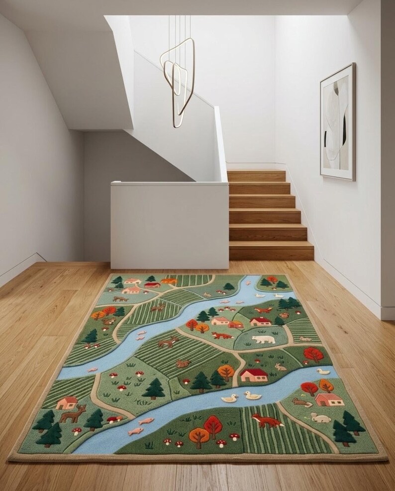 May include: A rectangular area rug featuring a detailed landscape design with a winding light blue river, green fields, small houses with red roofs, various trees, and illustrations of animals including foxes, deer, and ducks in a multi-colored pattern.