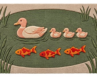 Duck Nursery Decor Rug, Koi Fish Pond Play Rug, Animal Kids Room Carpet, Nature Theme Accent Rug, Hand Tufted Wool Rug
