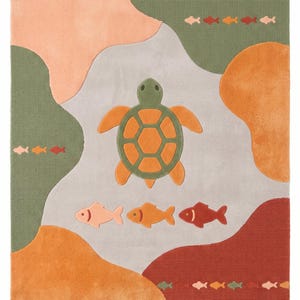 Alfombra de tortuga marina con diseño de pez, alfombra linda con diseño de animales para sala de juegos infantiles, alfombra hecha a mano con mechones, decoración para guardería, tamaño personalizado, alfombra naranja y verde