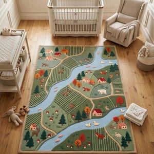 May include: A rectangular area rug featuring a detailed landscape design with a winding blue river, green fields, forests, small houses, and various animals including deer, foxes, rabbits, squirrels, and ducks in shades of green, blue, and orange.