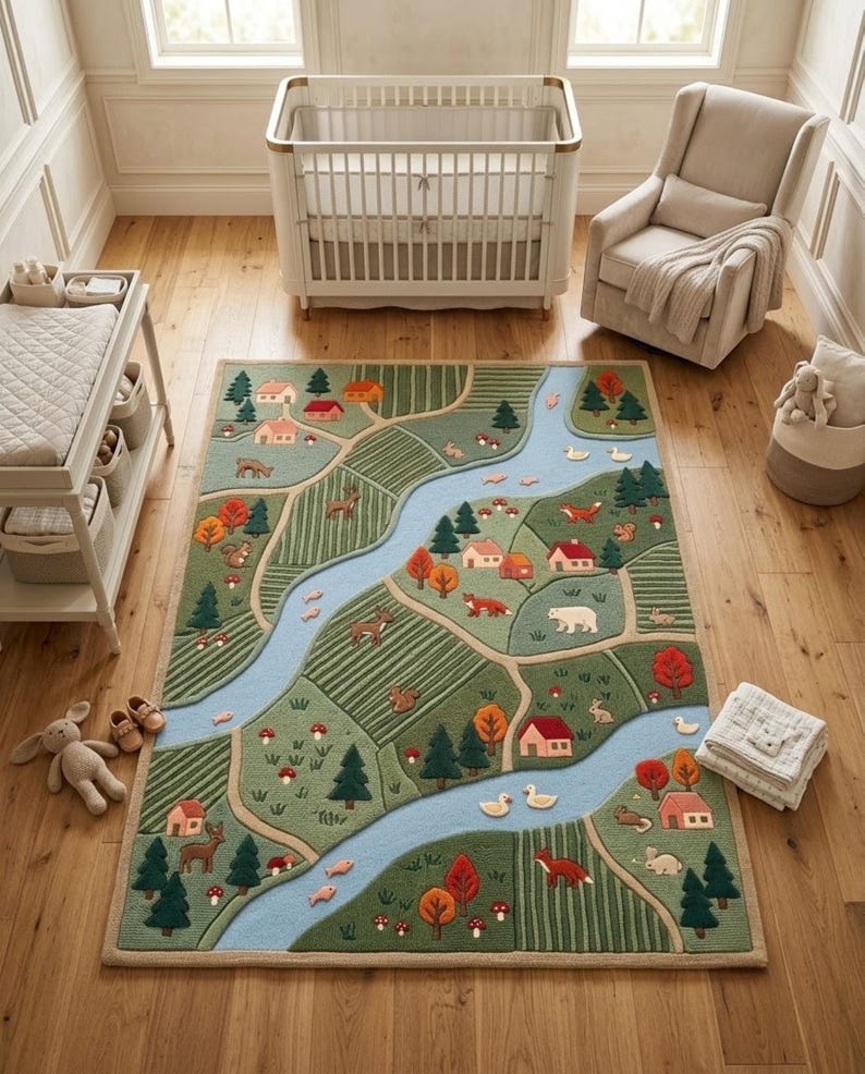 May include: A rectangular area rug featuring a detailed landscape design with a winding blue river, green fields, forests, small houses, and various animals including deer, foxes, rabbits, squirrels, and ducks in shades of green, blue, and orange.