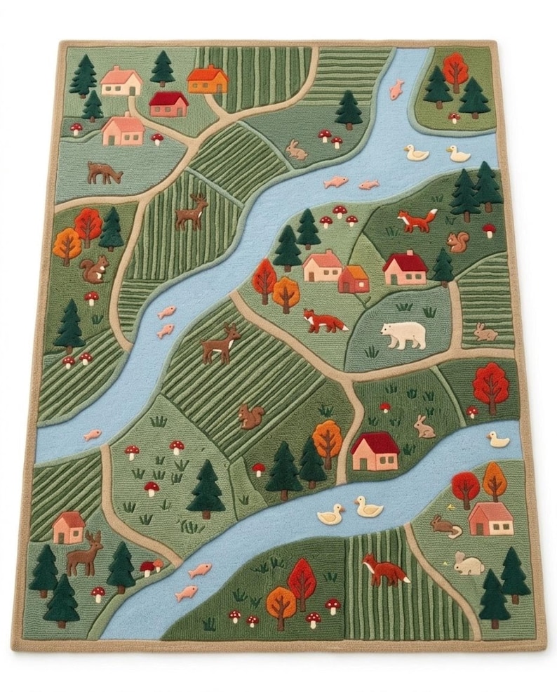 May include: A rectangular area rug featuring a detailed landscape map design with a winding light blue river, green fields, forests of pine trees, small houses with red and orange roofs, and various animals including deer, foxes, and ducks.