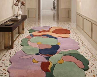 Abstract Floral Rug, Irregular Shape Area Rug, Organic Shape Carpet, Colorful Botanical Accent Rug, Hand Tufted Modern Home Decor