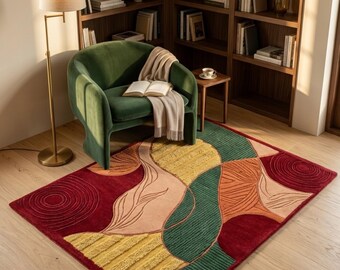May include: A rectangular area rug featuring a multi-colored abstract pattern with deep red, forest green, mustard yellow, and soft peach sections. The design includes textured, raised lines and circular motifs across the surface of the rug.