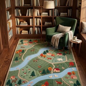 May include: A rectangular area rug featuring a colorful illustrated landscape map with a winding blue river, green fields, small houses, evergreen trees, and various animals including foxes, deer, rabbits, and ducks, all set against a light green background.