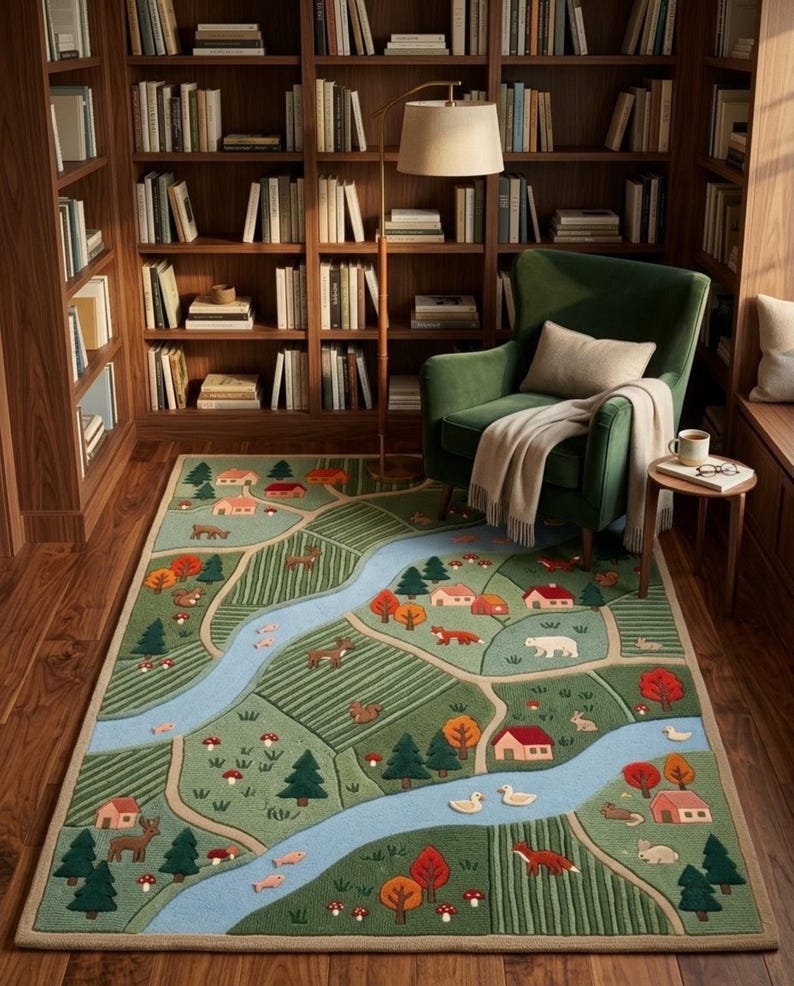 May include: A rectangular area rug featuring a colorful illustrated landscape map with a winding blue river, green fields, small houses, evergreen trees, and various animals including foxes, deer, rabbits, and ducks, all set against a light green background.