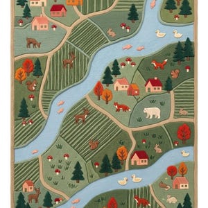 May include: A rectangular rug featuring a detailed landscape map with a winding light blue river, green fields, and tan paths. The scene includes small houses, evergreen trees, orange and red autumn trees, mushrooms, and various animals like deer, foxes, rabbits, squirrels, ducks, and fish.