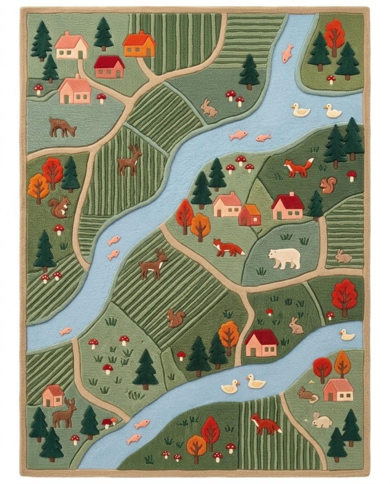 May include: A rectangular rug featuring a detailed landscape map with a winding light blue river, green fields, and tan paths. The scene includes small houses, evergreen trees, orange and red autumn trees, mushrooms, and various animals like deer, foxes, rabbits, squirrels, ducks, and fish.