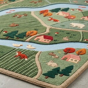 May include: A tufted area rug featuring a landscape design with a winding light blue river, green fields, and textured patches. The scene includes small houses, evergreen trees, orange trees, and various animals like foxes, rabbits, and ducks.