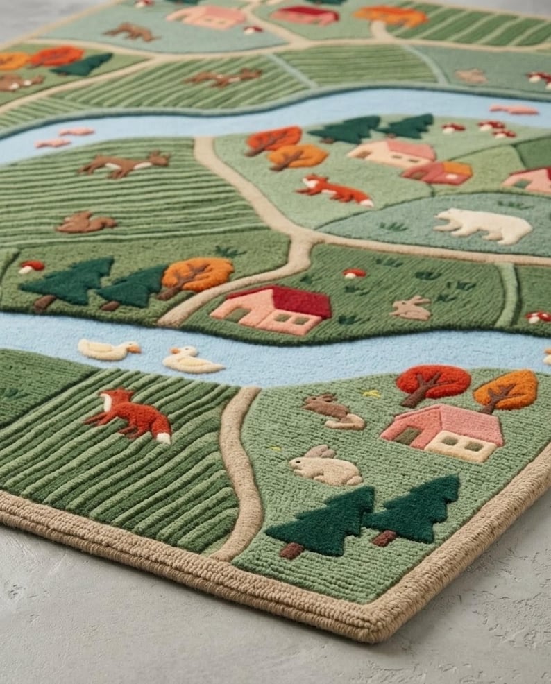 May include: A tufted area rug featuring a landscape design with a winding light blue river, green fields, and textured patches. The scene includes small houses, evergreen trees, orange trees, and various animals like foxes, rabbits, and ducks.