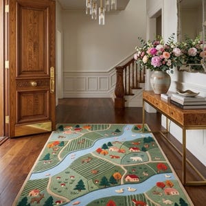 May include: A rectangular area rug featuring a textured, multi-colored landscape design. The rug depicts a winding light blue river flowing through green fields, forests with orange and green trees, small houses, and various animals like deer and foxes.
