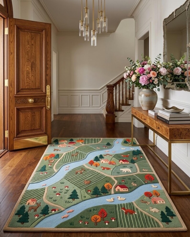 May include: A rectangular area rug featuring a textured, multi-colored landscape design. The rug depicts a winding light blue river flowing through green fields, forests with orange and green trees, small houses, and various animals like deer and foxes.