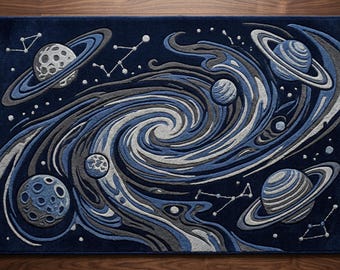 May include: A rectangular area rug featuring a deep navy blue background with a swirling galaxy design in shades of light blue, grey, and white. The rug displays multiple planets with rings, cratered surfaces, and various star constellations.