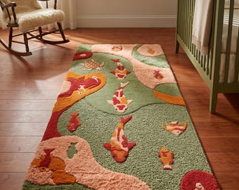 May include: A rectangular tufted area rug featuring a multi-colored aquatic theme with koi fish, a turtle, and abstract shapes in shades of sage green, dusty pink, burnt orange, and deep red, creating a textured surface with varied pile heights.