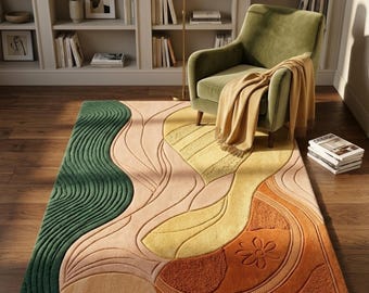3D Textured Abstract Carpet, Green and Orange Bedroom Rug, Contemporary Wavy Decor, Hand Tufted Custom Rug
