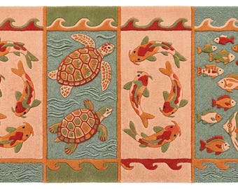 Fish runner rug, hand tufted coastal turtle carpet, green beige ocean motif