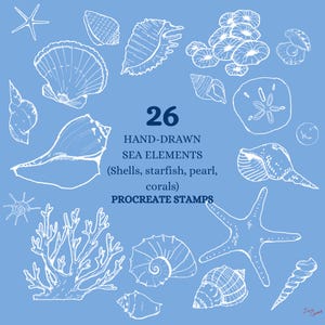 May include: A collection of 26 hand-drawn sea elements, including shells, starfish, pearls, and corals, in white on a light blue background. The text reads "26 HAND-DRAWN SEA ELEMENTS (Shells, starfish, pearl, corals) PROCREATE STAMPS."