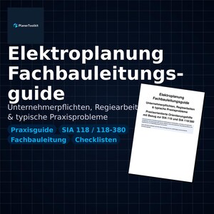 May include: A dark blue graphic with white text that reads "Elektroplanung Fachbauleitungsguide" and other German text. A white document with German text is in the lower right corner. The image is a guide for electrical planning.