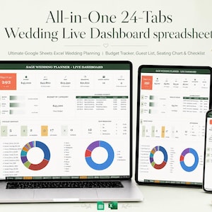 All-in-One 24-Tabs Wedding Live Dashboard spreadsheet | Ultimate Google Sheets Excel Planning Budget Tracker, Guest List, Seating Chart